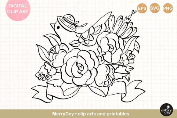 Bird Flower Line Art No. 9 Graphics for Editorial Design