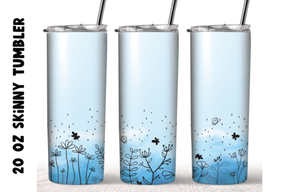 Flowers Line Art Watercolor Blue Tumbler Graphics for Crafts