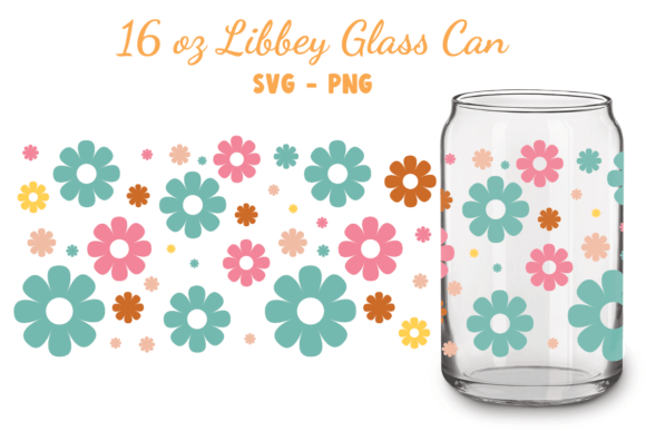 Retro Flowers Groovy Libbey Glass Can Graphics for Print Templates