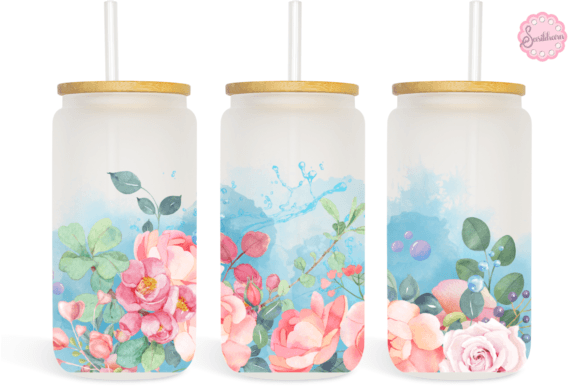 Watercolor Flowers 16oz Libbey Glass Can Graphic Design Asset