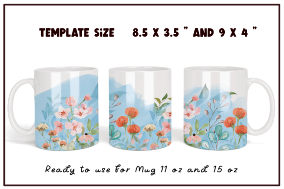 Watercolor Flowers Coffee Mug Full Wrap Graphics for Crafts
