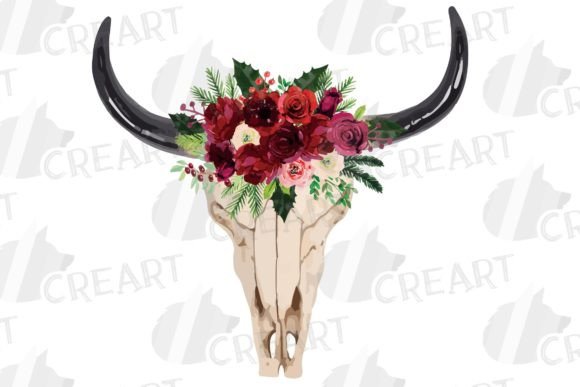Winter Bull Skull Burgundy Flowers, Pine Graphic Design Asset
